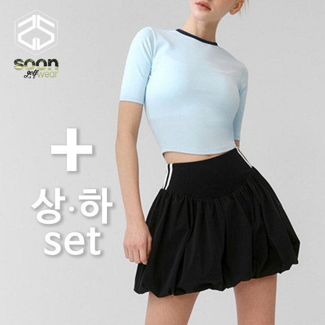 [순이야] S.여성 기능성 배색 반팔 벌룬 스커트 세트 스판 운동복 골프 테니스