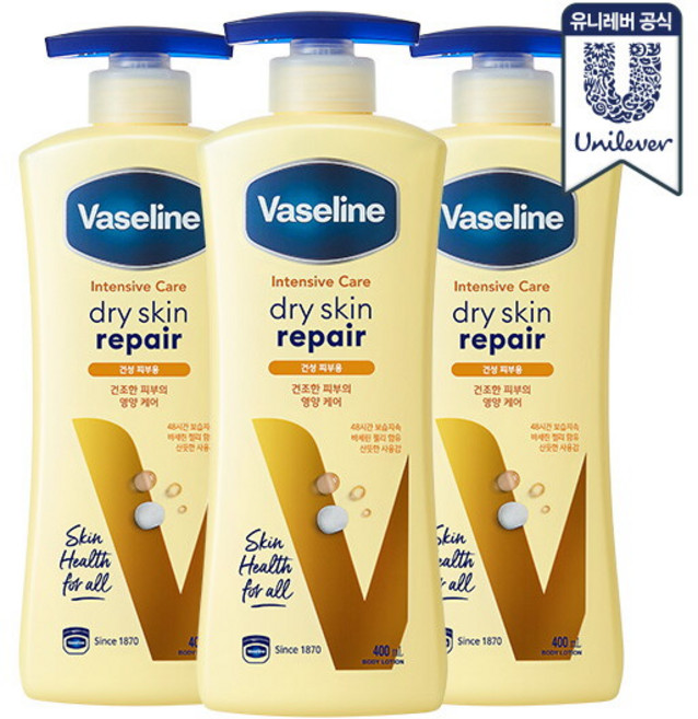 바세린 인텐시브 케어 드라이 스킨 리페어 바디로션, 400ml, 3개