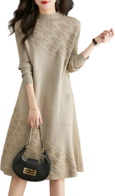 Makone 여성 반폴라 자카르 빈티지 캐주얼 심플 니트 원피스