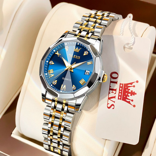 OLEVS 여성손목시계 정품쿼츠 럭셔리 명품 워터프루프 야광 메탈 일력 요일 패션