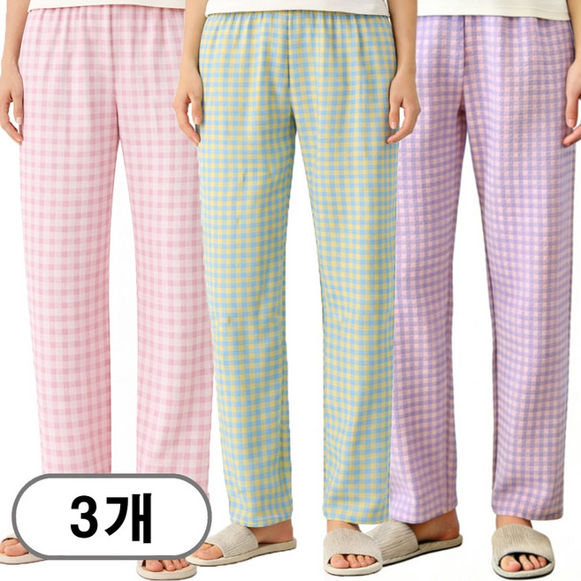 차쿠 1+1+1 여성 파자마 바지 체크면 잠옷 긴바지