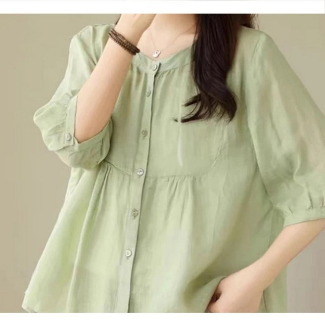 패션고리 여성 트랜드 라운드넥 면마 7분소매 셔츠 H1119