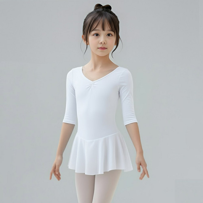 [에스투에이] 국산 5부 쉬폰 발레복 유아 여아 초등 주니어 일체형 원피스형 치마 레오타드 어린이 스커트