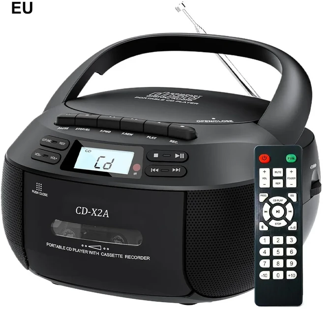 휴대용 CD 붐박스 카세트 플레이어 콤보 레코더 라디오 FM 블루투스 USB MP3 전원 (리모컨 포함), 08 Black EU Plug, 01 빠른