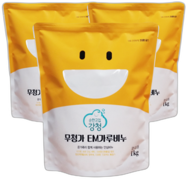 강청 무첨가순비누 EM 가루비누X입 녹색인증 얼룩 찌든때 찬물 일반드럼겸용, 1kg, 3개