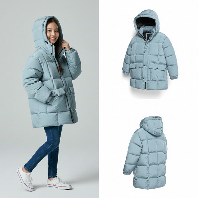 [백화점 출고] 블랙야크 키즈 패딩 남아 여아 토모 E 다운 자켓 그레이시 블루 후드 후디 롱 점퍼