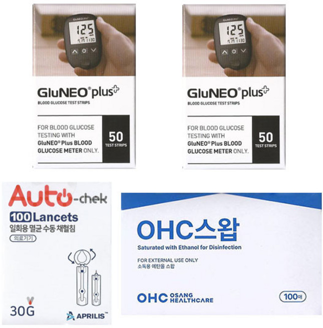 오상헬스케어 글루네오 플러스 혈당시험지 당뇨혈당체크지 세트 (시험지100매+침100+솜100) SW, 1개