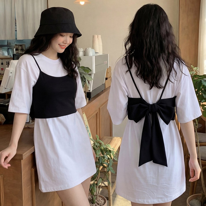 라뷰드 여성 랩 뷔스티에 여자 백리본 끈나시 원피스 티셔츠 레이어드 조끼 민소매 스트랩 베스트