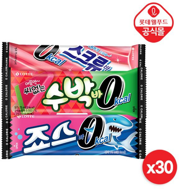 롯데 제로아이스크림 수박바+스크류바+죠스바, 30개