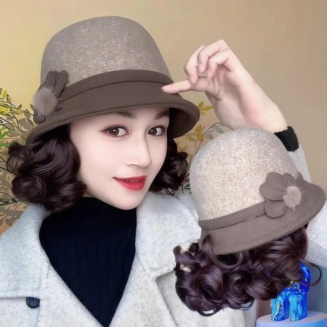 JoYouth 엄마 가발모자 따뜻함과 아름다움을 동시에 하는 곱슬 파머햇, 1개, 갈색 모자 + 다크브라운 가발