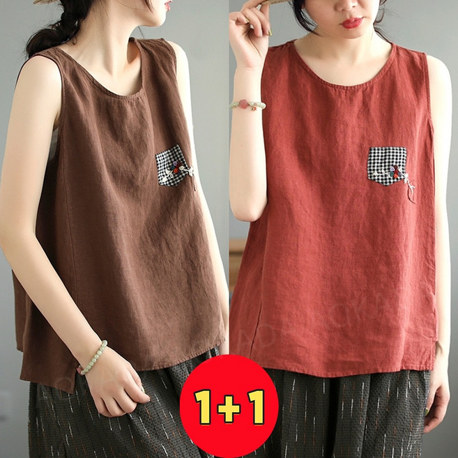 AOKADA 1+1 여성 나시 민소매 코튼 라운드넥 포켓 언발밑단 빈티지 모리걸