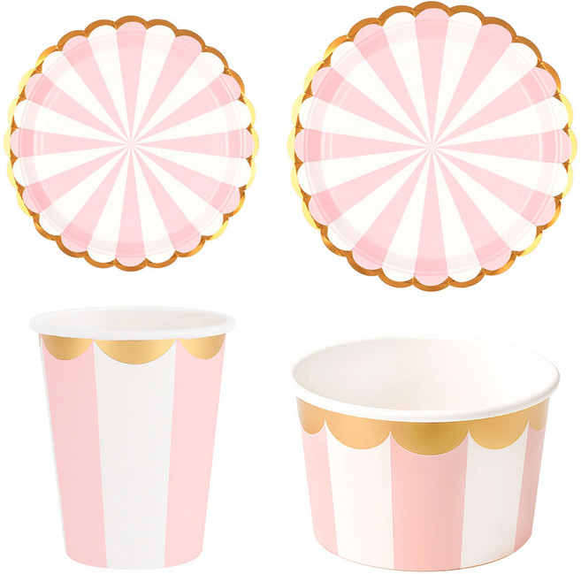 홈파티 피크닉 4종 10입세트 풀패키지 [스트라이프 핑크] 캠핑 여행 일회용 종이 접시 그릇 컵, 1개, 1개입