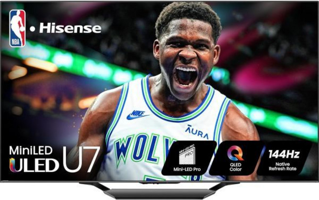 하이센스 55인치 클래스 U7 시리즈 미니 LED 4K UHD 구글 스마트 TV(55U7N 2024 모델) QLED 1500니트 네이티브 144Hz 모션 레이트 480 HDR, 2024 New Model, 55 Inch