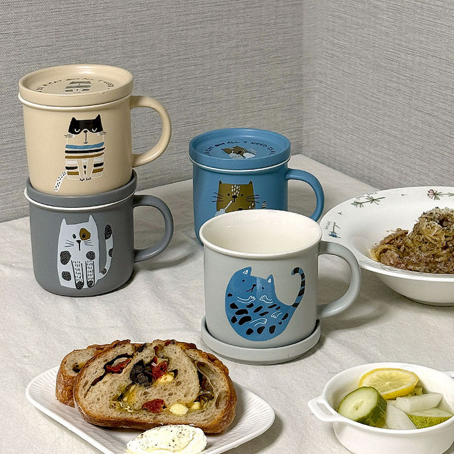 마시피렌체 고양이 뚜껑 머그컵 400ml 도자기 쌓을수있는 귀여운 머그잔 찻잔 커피 컵 고양이컵, 1개, 블루캣