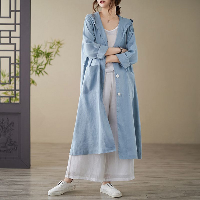 씨유언니 여성 캐주얼 린넨 후드 롱 셔츠 아우터 루즈핏 롱남방 봄가을 자외선 차단 트렌치 코트