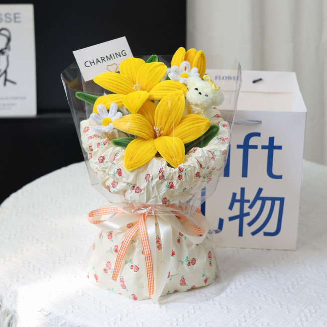 YAPOGI 댕댕이 인형 꽃다발 졸업식꽃다발 학예회 꽃다발, 1개, 옐로우
