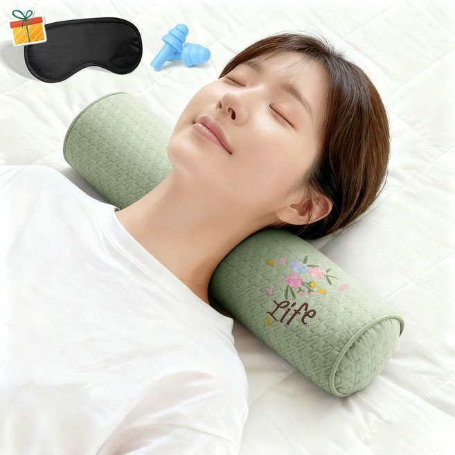 Norvee 인체공학 메밀 경추베개 3D 자수 디테일 높이조절 목지지 숙면 베개, 그린, 1개