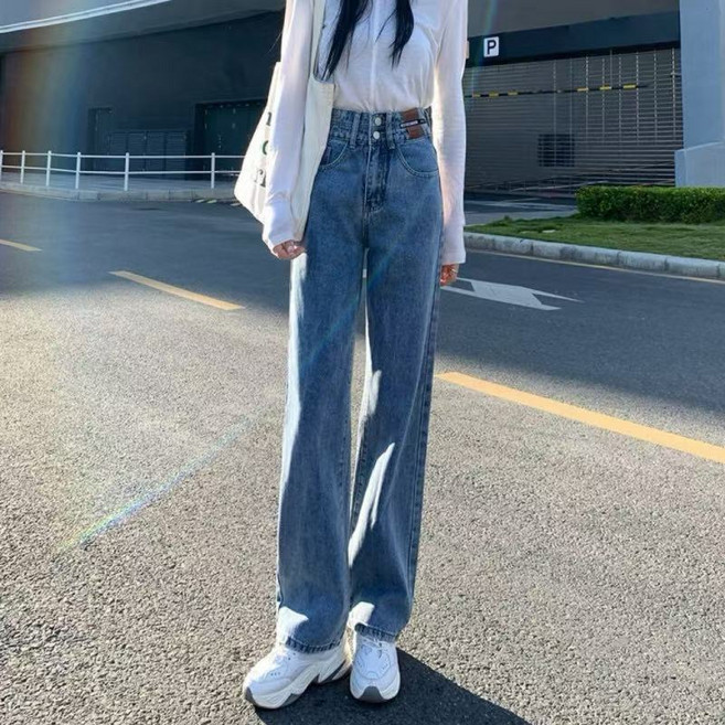 BIKASU 여성 스판 와이드 청바지 워싱 일자 하이웨이스트 데님 팬츠