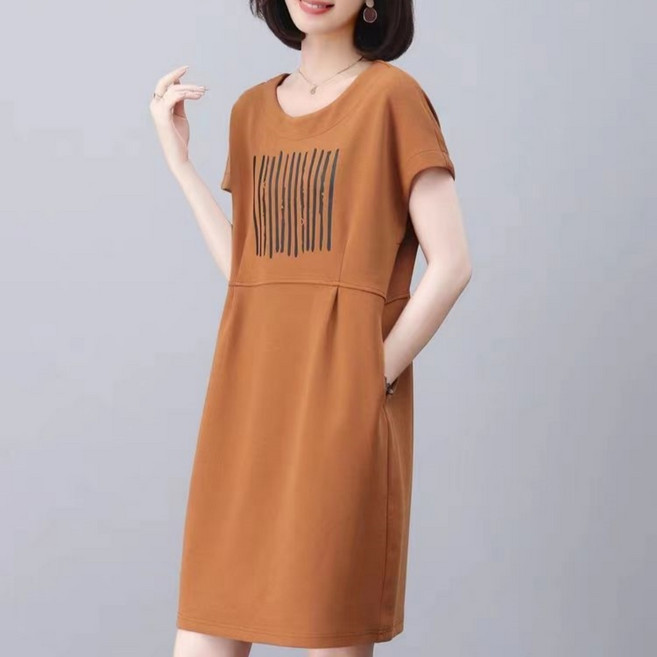 Makone 여성 미니 원피스 여름 루즈핏 40-50대 중년 엄마옷 포켓 프린트 캐주얼 반팔 데일리룩
