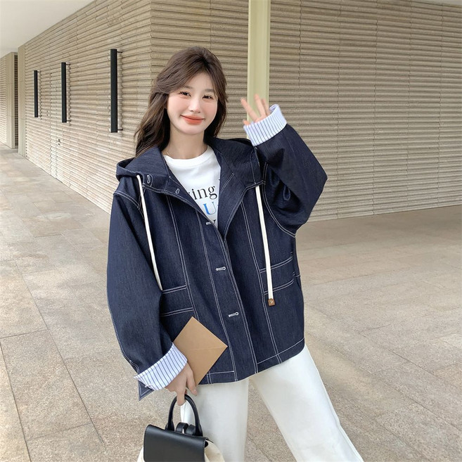 FINE ART 여성 오버핏 후드 데님 자켓 빅사이즈 청자켓 캐주얼 데님 후드티 봄가을 코트 아우터 데일리