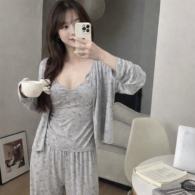 제이로 부드러운 모달 잠옷 세트 잔꽃 파자마 캡내장 3종세트 홈웨어