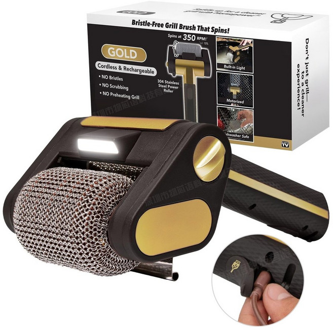 그릴 청소솔 전동 충전식 무선 스텐 브러쉬, 검정/금색 (롤러 1개)