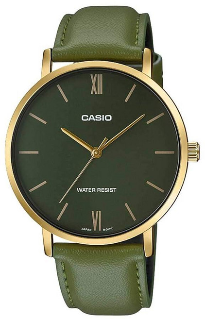 Casio MTP-VT01GL-3B 남성용 미니멀리스트 골드 톤 그린 가죽 밴드 그린 다이얼 3핸드 아날로그 시계 블루. 클래식