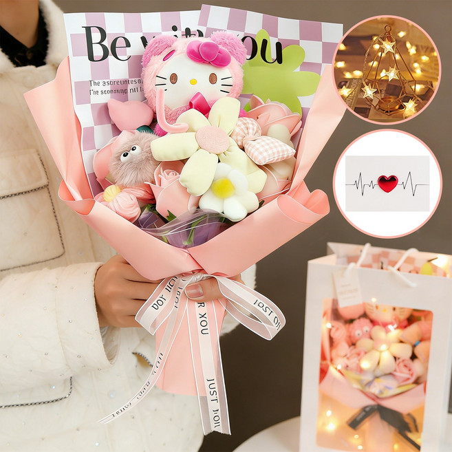 Colvani 인형 꽃다발 졸업식 수료식 행사 선물용 인형꽃 쇼핑백 포함 산리오, 1개, 피치 핑크