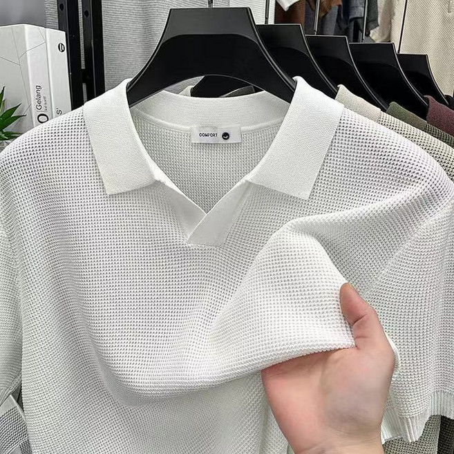 J nd O남성 여름 시원한 비스코스 오픈카라 반팔 니트