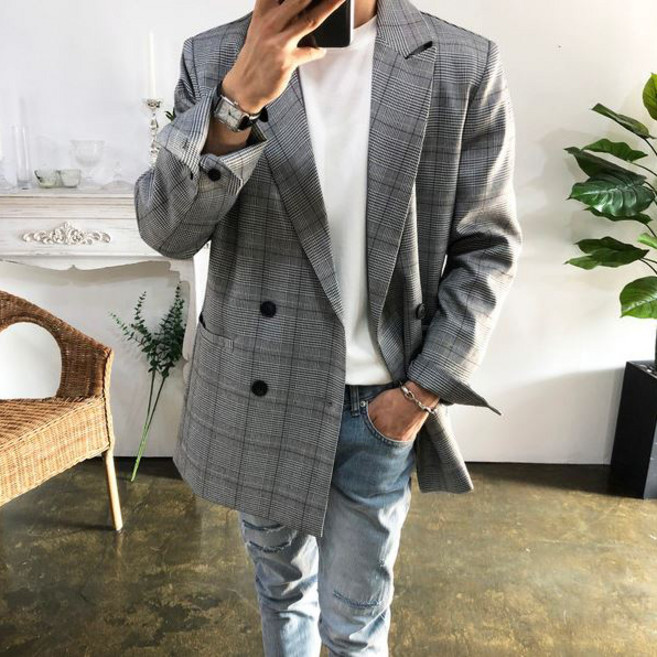 웨일즈 오버핏 투버튼 체크 더블 자켓 블레이저_(2 Colors)95~110
