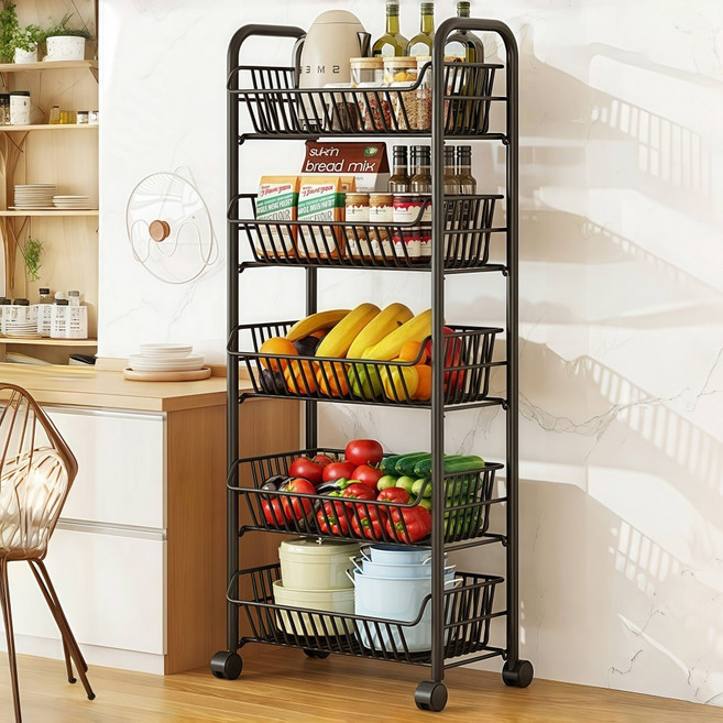 혜신 주방수납장 양념채소 다층 다용도 조립식 진열장, 5단, 블랙