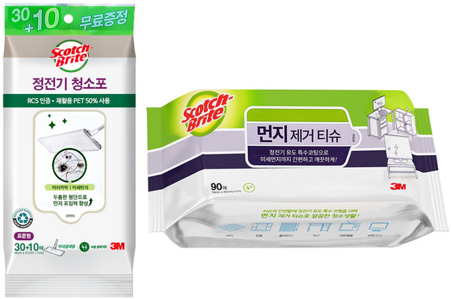 3M 스카치브라이트 미세먼지 정전기 청소포 표준형 40매+먼지제거티슈 90매, 1세트
