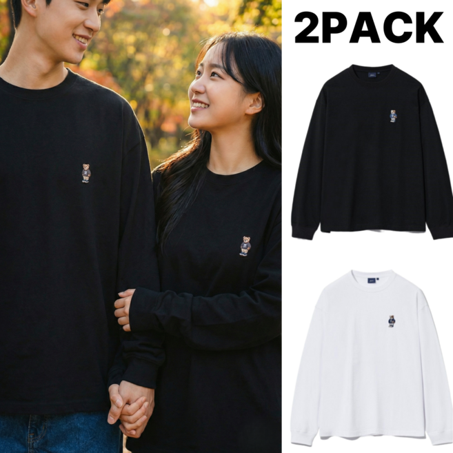 [백화점판] 예일 엠브로이더리 댄 남녀공용 오버핏 롱슬리브 2PACK 화이트+블랙