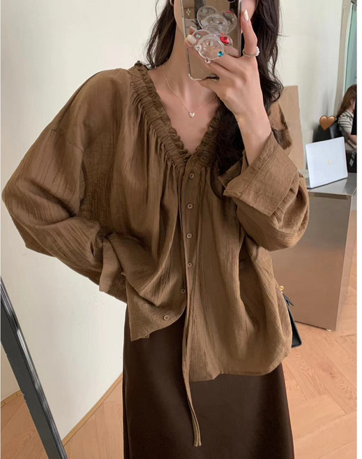 여성 러블리 브이넥 셔링 블라우스 빅사이즈 오버핏 박시핏 셔츠 남방 하객룩 출근룩 시스루 리본