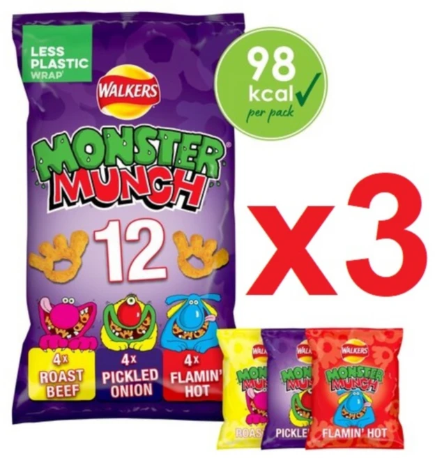 12개입 3개 총 36개 워커스 몬스터 먼치 뭉크 멀티팩 3가지맛 Walkers Monster Munch Multipack, 20g - 쿠팡