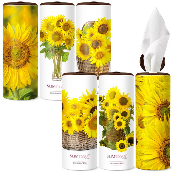 슬림티슈 [해바라기2] / 차량용 휴대용 캔티슈 대나무 원통형 원형 미니 휴지 화장지 집들이 재물복 개업선물세트 풍수인테리어, 6개입, 1세트
