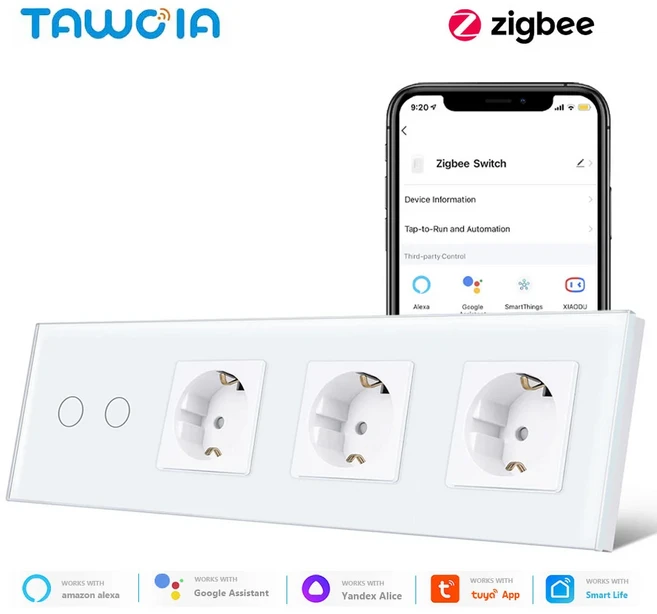 TAWOIA ZigBee 터치 스위치 USB C타입 충전 벽 소켓 1 방향 스마트 조명 무선 앱 제어 갱 2 3, 02 Black, 06 2Gang Sockets, 1개