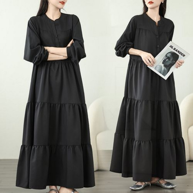 ZENCY 젠시 심플 라운드 단추 캉캉 플레어 롱원피스 (55~88사이즈까지)