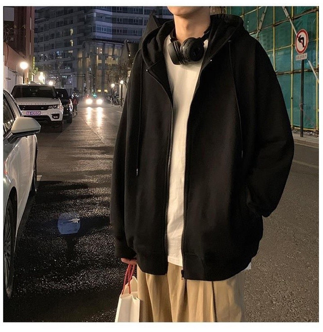 小蘭優購 日系薄刷毛連帽外套 韓國秋款休閒情侶寬鬆素面開衫衛衣 黑色