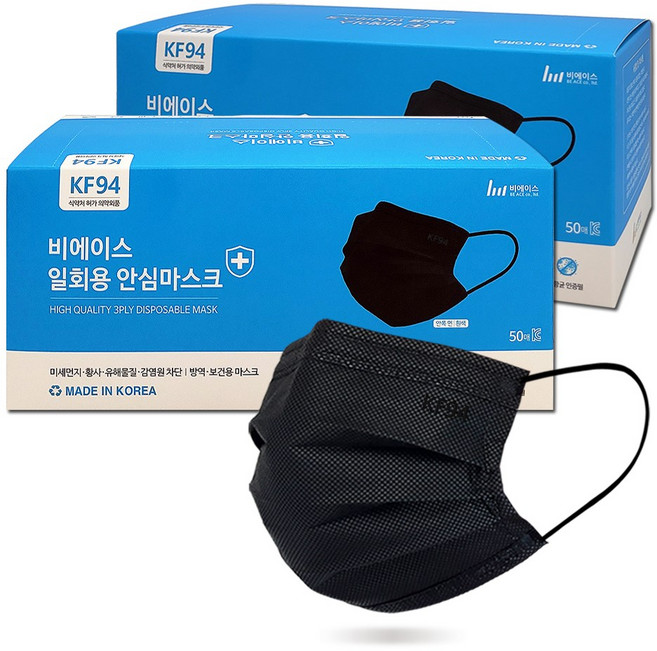 KF94 덴탈형 마스크 [중형] / 자외선차단 항균 소재, 블랙, 2개, 50매입