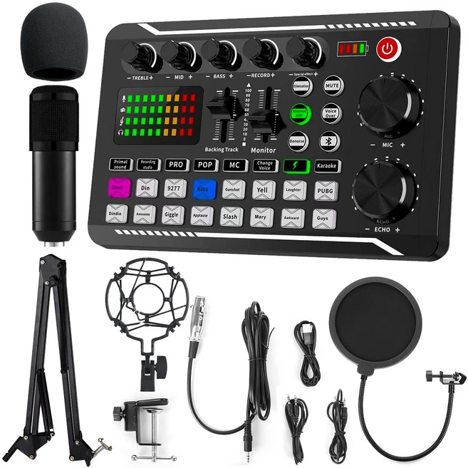 사운드 카드 스튜디오 믹서 노래 소음 감소 휴대용 마이크 음성 라이브 방송 전화 컴퓨터 녹음오디오 인터페이스 세트, 검정색 - 쿠팡