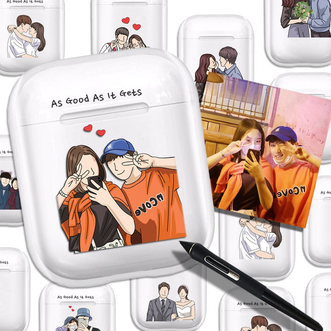 [주문제작] 전기종가능 드로잉 커플 에어팟 케이스 +버즈 플러스 라이브 프로 케이스 +생일선물, 라인드로잉, 버즈라이브, 투명하드