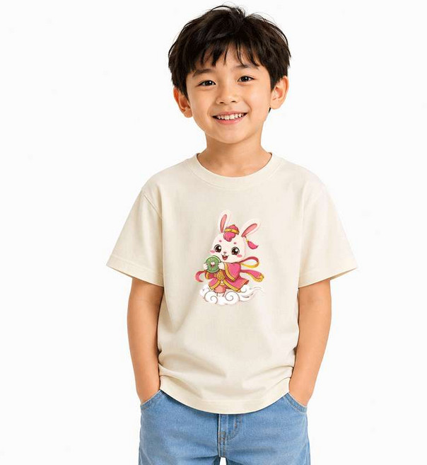 狂小孩 WILD KID 兒童短袖 夏季純棉國潮可愛兔子拿錢幣印花圖案