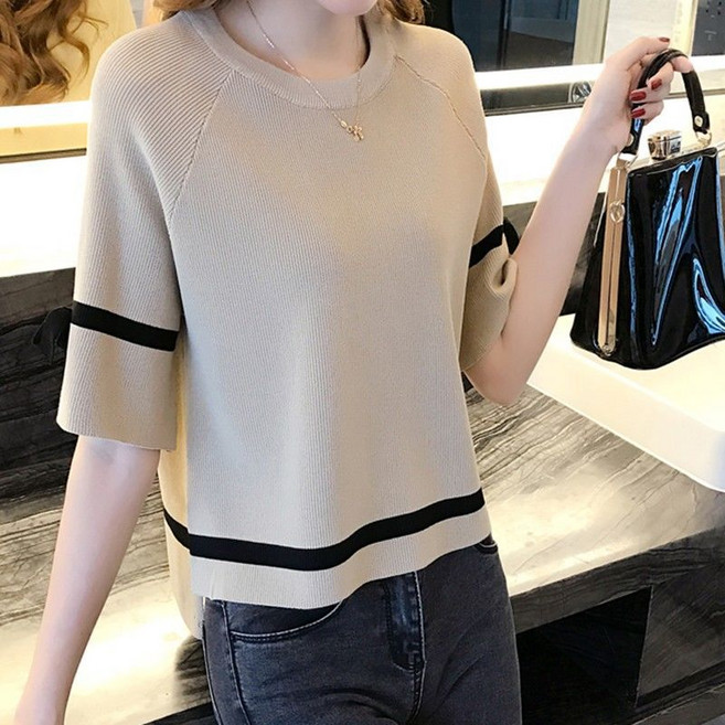 MIREA 여성 7부 반팔 니트 라운드넥 배색 라인 데일리 여름 CTX07