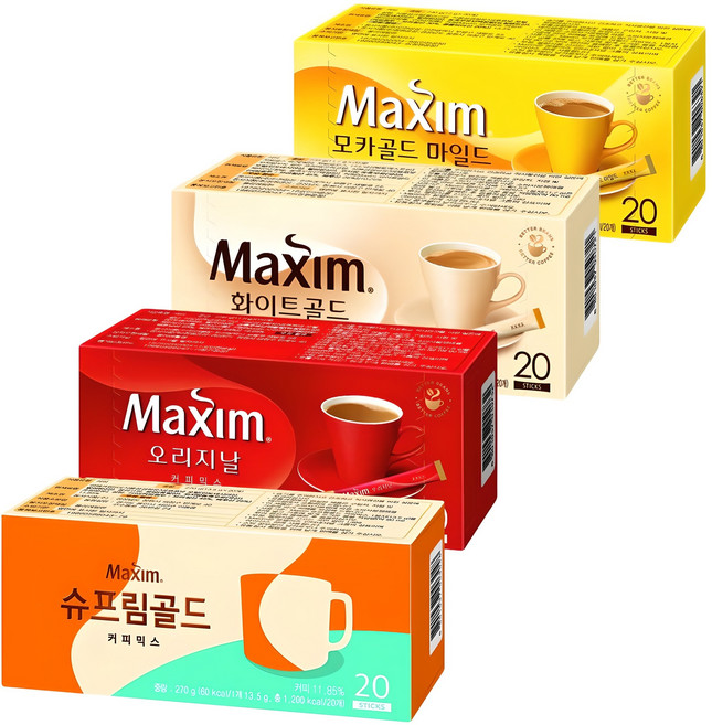 맥심 커피믹스 4종 [모카골드20입+화이트골드20입+오리지널20입+슈프림20입], 1세트, 20개입, 11.8g