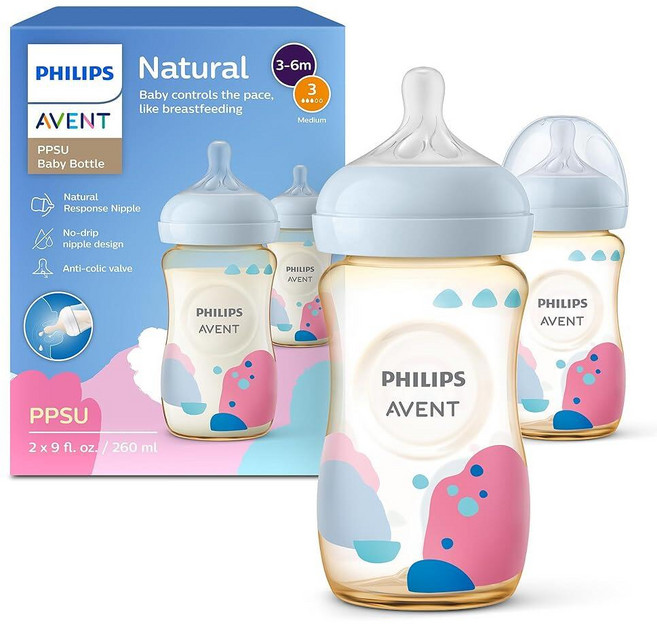 필립스 AVENT PPSU 천연 아기 젖병 중간 유속 젖꼭지 포함(흐름 3) 255.1g(9온스) 장식 포함 2팩 SCY943/02, 필립스 AVENT PPSU 천연 아기 젖병, 중간 유속