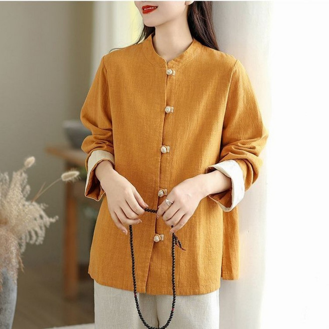 Makone 여성 빈티지 차이나카라 솔리드 심플 루즈핏 린넨 자켓 소매 롤업