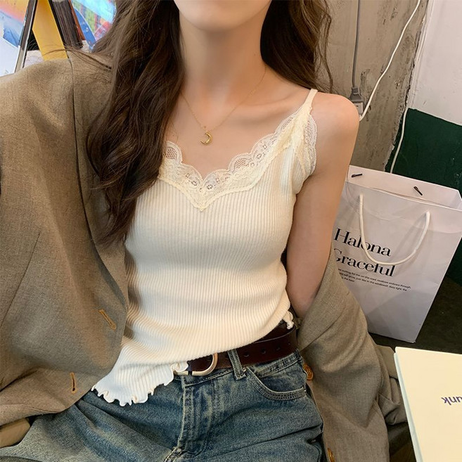 프렌치 여름 레이스 나시 브이넥 정장 이너 티셔츠 여자 골지 나시 패션 여성 끈 나시티 YJW