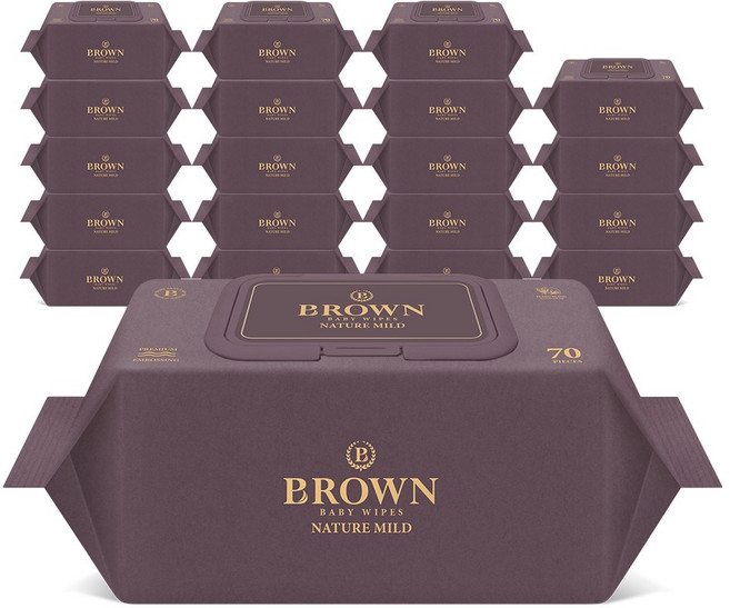 브라운 네이처 마일드 엠보싱 저자극 아기물티슈 캡형, 70g, 70매, 20개