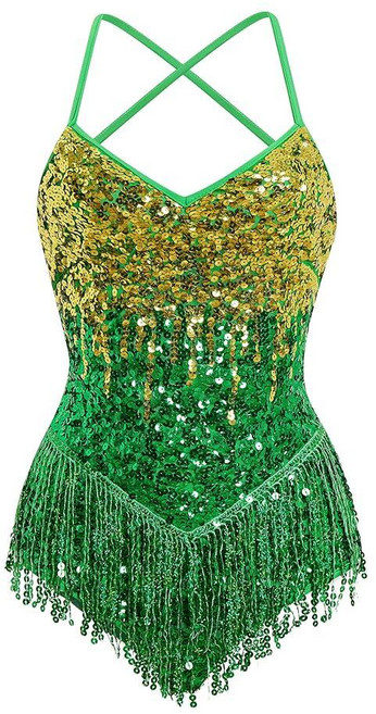 ABEHIK Sparkly Sequin Fringe Romper for Women: Sexy V-Neck Sparkly Tassel Mini Dress Latin Jazz A, Small, Green